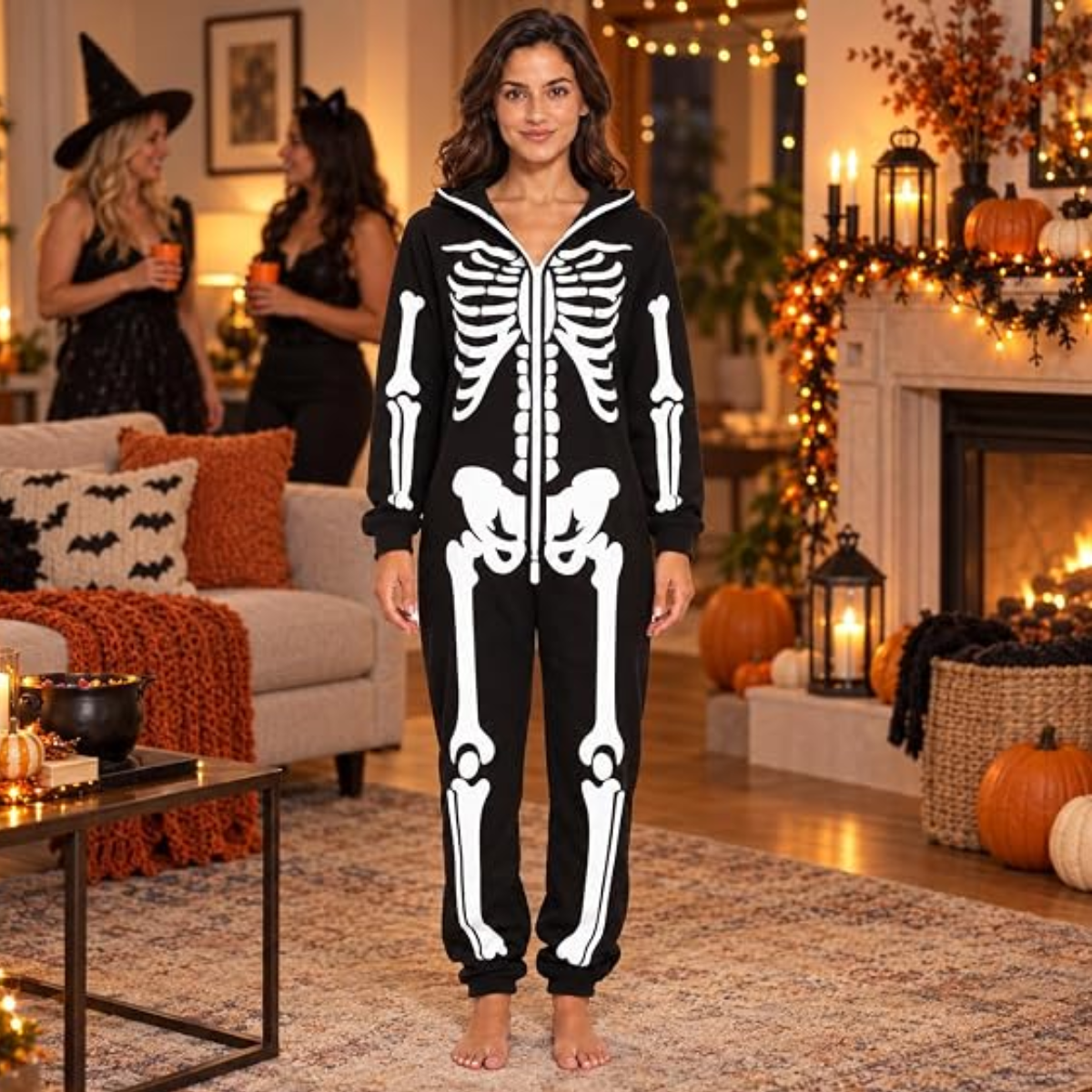 Women's Black Skeleton Halloween Costume Onesie with Hood