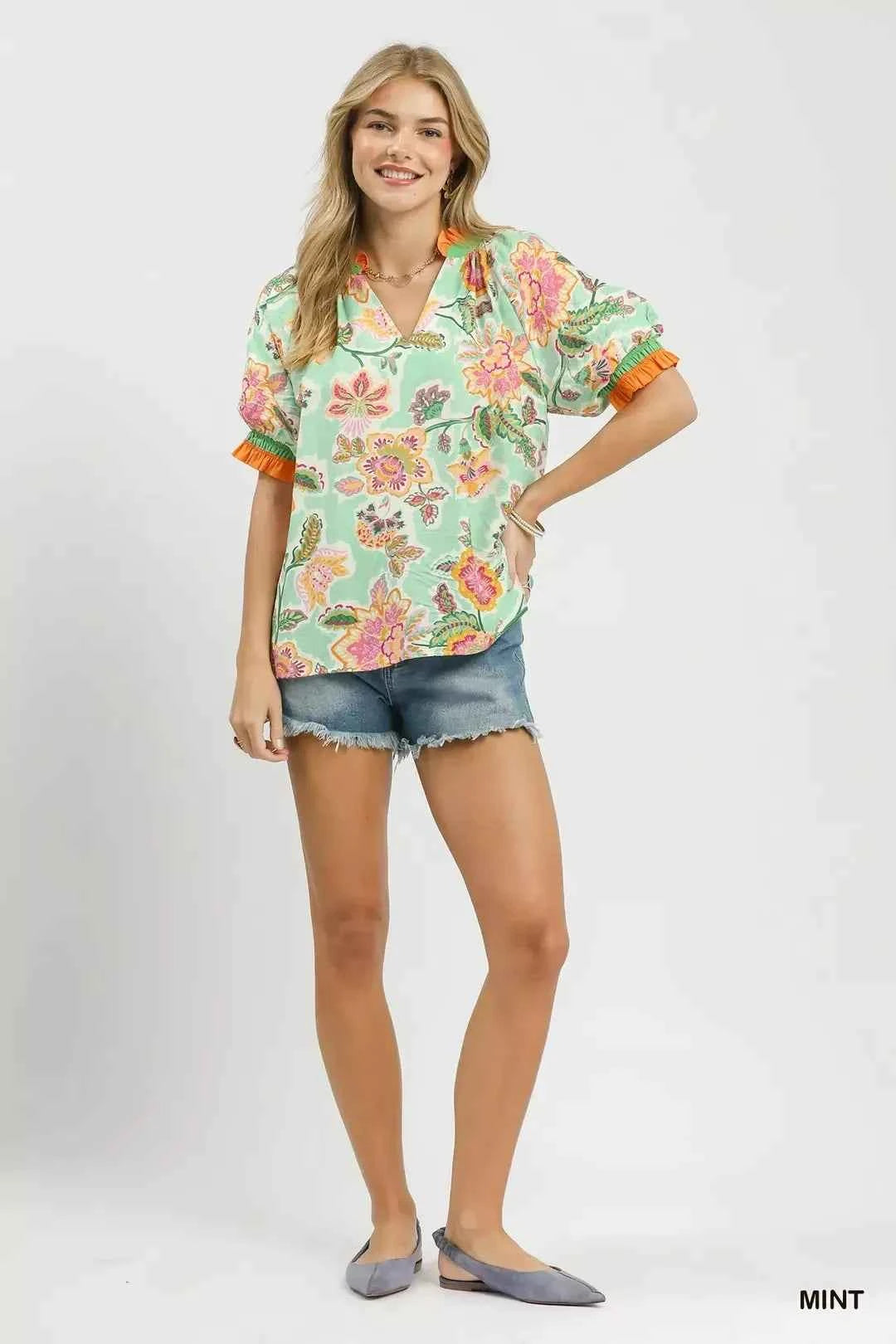 Umgee Floral Print Ruffled Short Sleeve Top