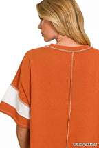 Zenana French Terry Striped Exposed Seam Top
