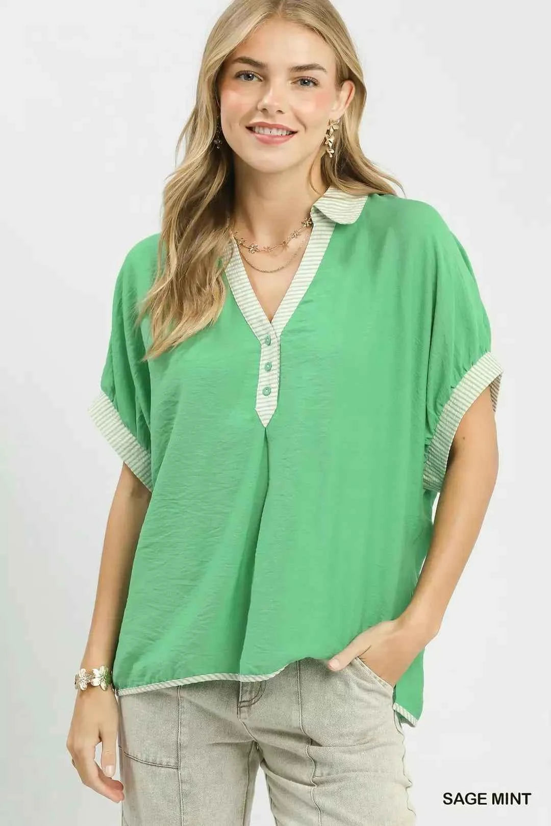 Umgee Oversized Contrast Stripe Trim Top