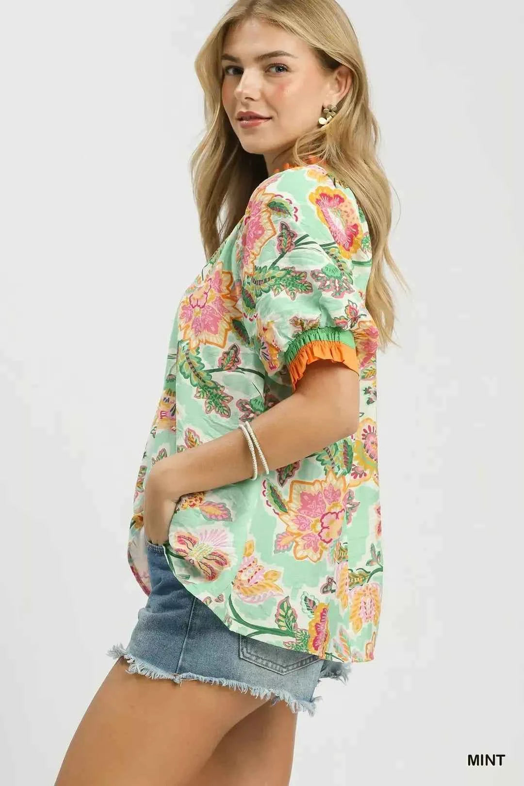 Umgee Floral Print Ruffled Short Sleeve Top