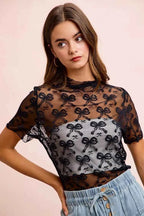 BiBi High Neckline Short Sleeves Bow Pattern Mesh Top