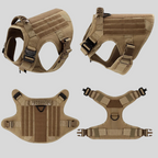 Tan tactical dog harness shown from multiple angles on a light gray background