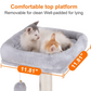 Cat tree with a comfortable top platform for cats to lie on, showing dimensions and text about comfort.