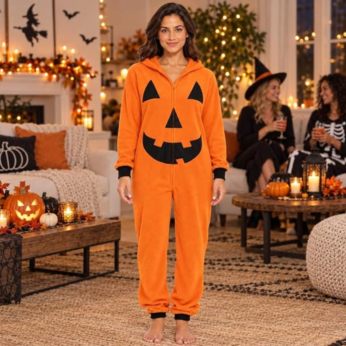Women's Orange Skeleton Halloween Costume Onesie with Hood