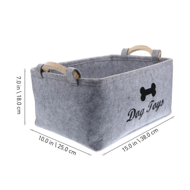 Gray storage basket with wooden handles and 'Dog Toys' text, shown with dimensions on a white background.