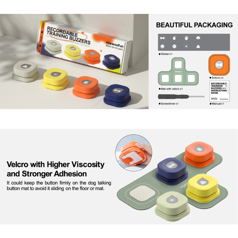 Recordable training buzzers with packaging and features highlighted on a light background