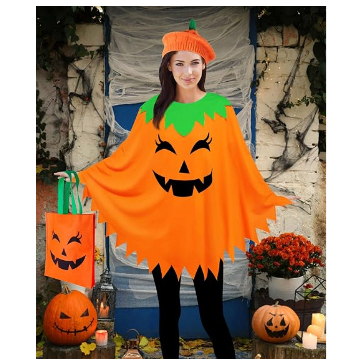 Women's Pumpkin Halloween Costume Poncho Set