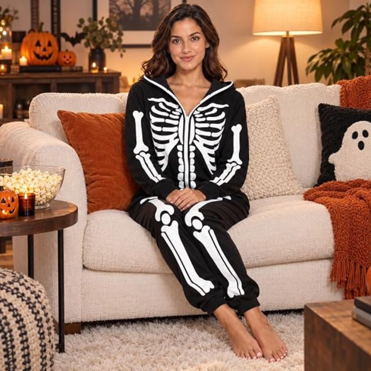 Women's Black Skeleton Halloween Costume Onesie with Hood