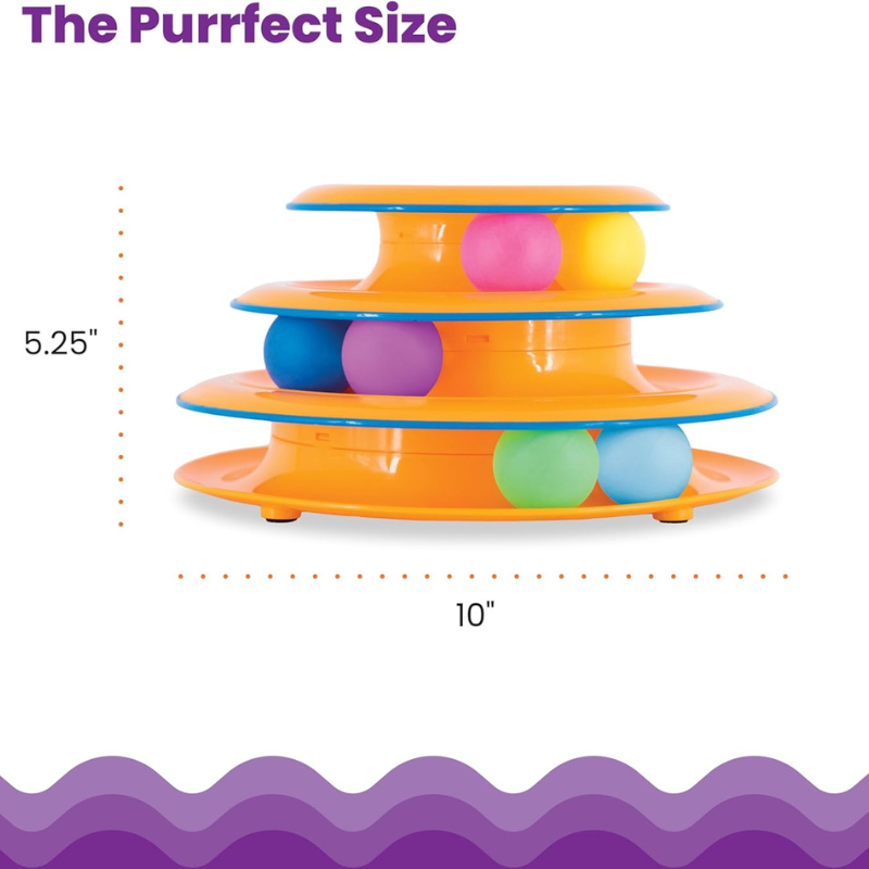 Three-tiered cat toy with colorful balls and measurements on a white background