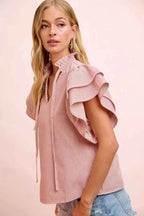 BiBi Twill Striped Ruffle Sleeve Blouse