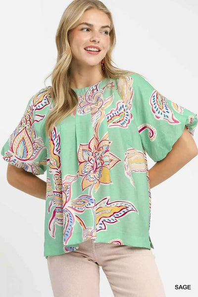 Umgee Paisley Print Puff Sleeve Top