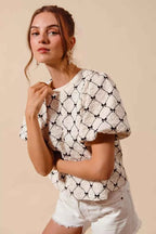 SO ME Bow Texture Woven Bubble Sleeve Top