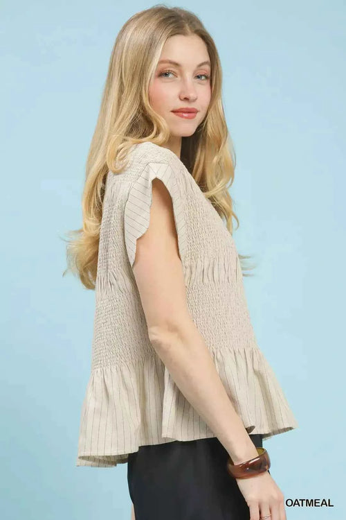 Umgee Pinstripe Smocked Peplum Top