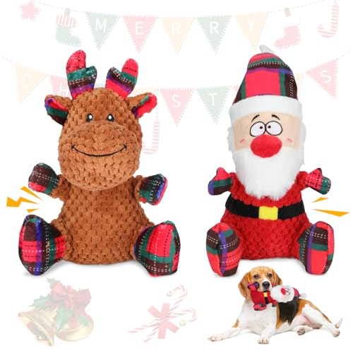 Christmas Dog Toys – 2-Pack Santa & Reindeer Squeaky Plush Set