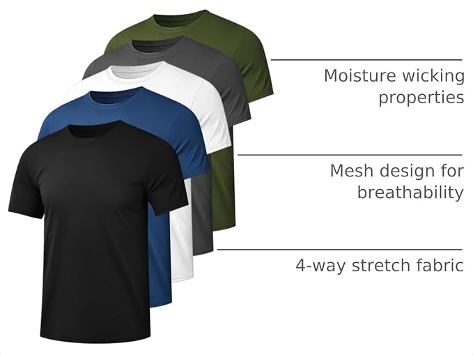 Kinglaman 1/5 Pack Men's Workout Gym Shirts Dry Fit Short Sleeve T-Shirts | Quick Dry Fabric, Breathable Mesh, Moisture Wicking, Athletic Regular Fit, for Training, Running, All Sports Activities