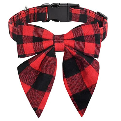 Christmas Dog Collar with Bow Tie – Plaid Adjustable Collar for Pets