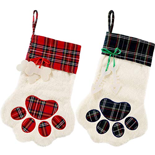Christmas Pet Stockings – Cat Dog Paw Plaid Fireplace Hanging Decor