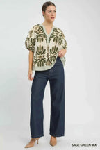 Umgee Mix Printed Puff Sleeve Top with Contrast Trim