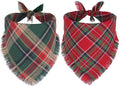Two plaid dog bandanas, one green and red, the other red and green, on a white background.