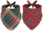 Two plaid dog bandanas, one green and red, the other red and green, on a white background.