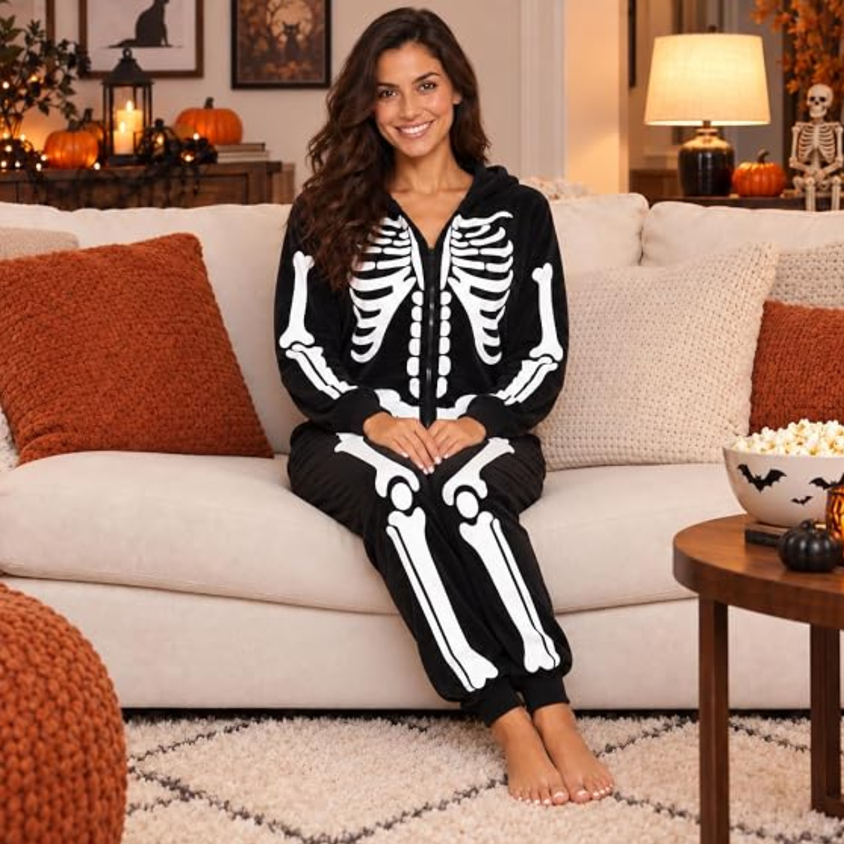 Women's Skeleton Halloween Costume Onesie with Hood