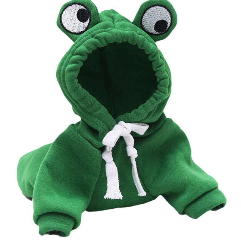 Green frog hoodie with large eyes on a white background