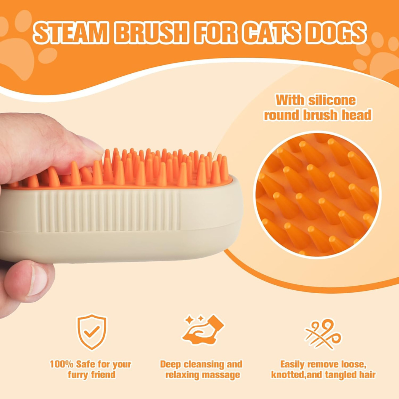 Steam brush for cats and dogs with silicone round brush head on an orange background