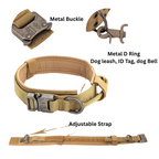 Tan dog collar with metal buckle, D ring, and adjustable strap on a white background