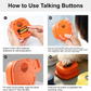 Instructions on how to use a talking button device with images and text.