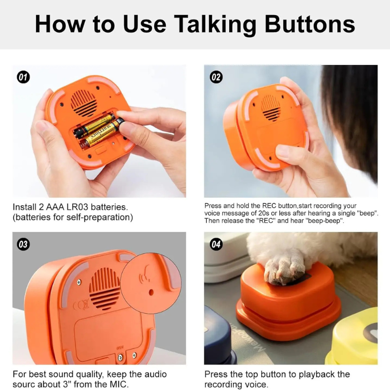 Instructions on how to use a talking button device with images and text.