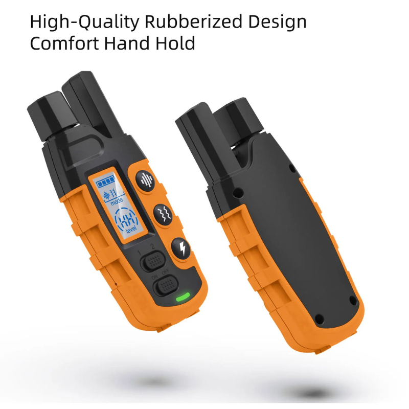 Two orange and black electronic devices with digital display on a white background