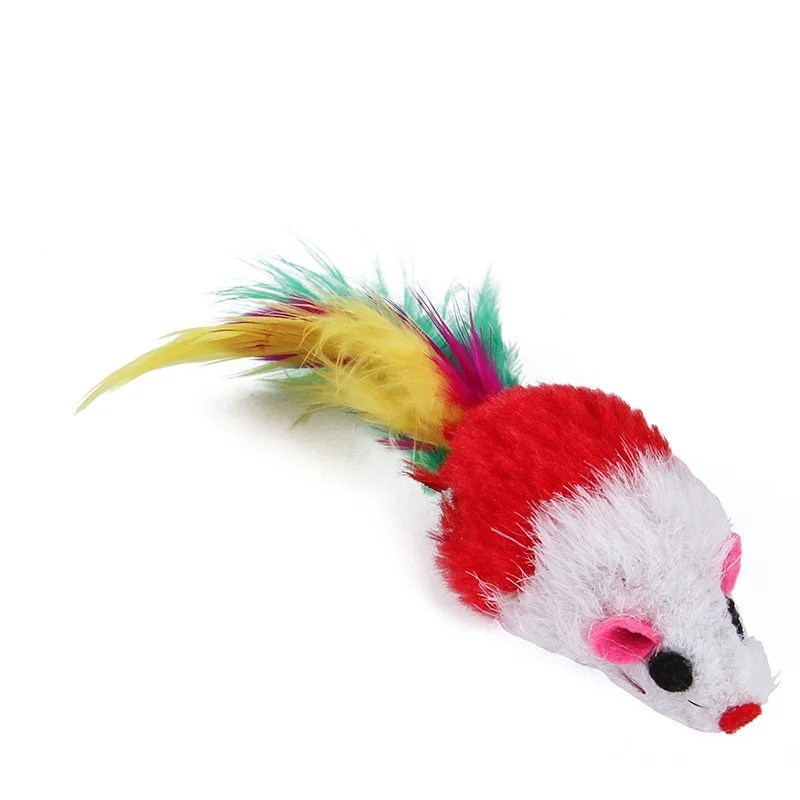Colorful cat toy resembling a mouse with feathers on a white background
