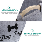 Gray dog toy bag with wooden handle and 'Dog Toy' text, featuring product details on a white background.