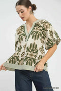 Umgee Mix Printed Puff Sleeve Top with Contrast Trim