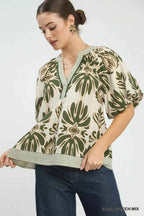 Umgee Mix Printed Puff Sleeve Top with Contrast Trim