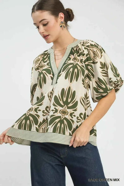 Umgee Mix Printed Puff Sleeve Top with Contrast Trim