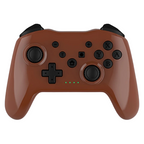 Brown gaming controller with black buttons on a white background