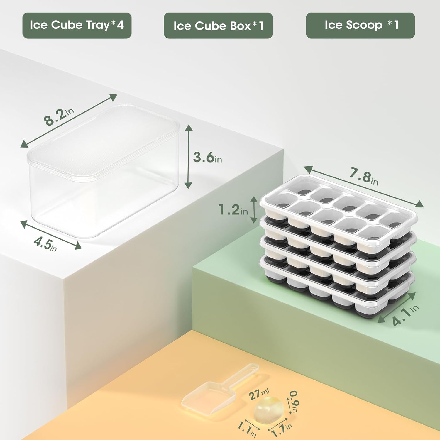 DOQAUS Ice Cube Tray with Lid and Bin - 4 Pack Silicone Ice Cube Trays for Freezer, Stackable Ice Bucket Kits with Storage Container & Scoop for Kitchen