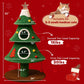 Cat tree with measurements and capacity details on a red background