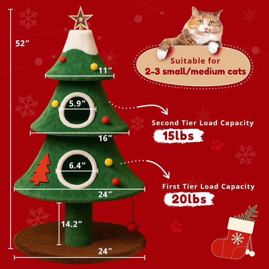 Cat tree with measurements and capacity details on a red background