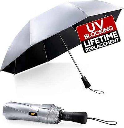 UPF 50+ UV Umbrella for Sun Protection, 42/46 Inch Silver Compact Travel Umbrella Windproof, Under 0.9 Pound Folding with Auto Open Close Portable UV Blocking