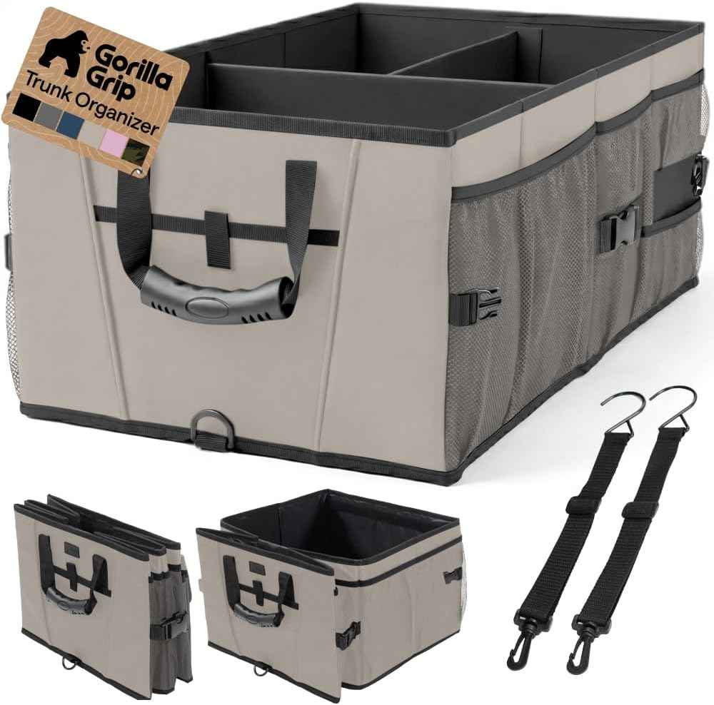 GORILLA GRIP Trunk Organizer for SUV and Cars, Large Capacity Collapsible Car Trunk Storage Organizer, Heavy Duty Car Accessories, Gifts for Mom and Dad, Slip & Water Resistant Multi Compartment