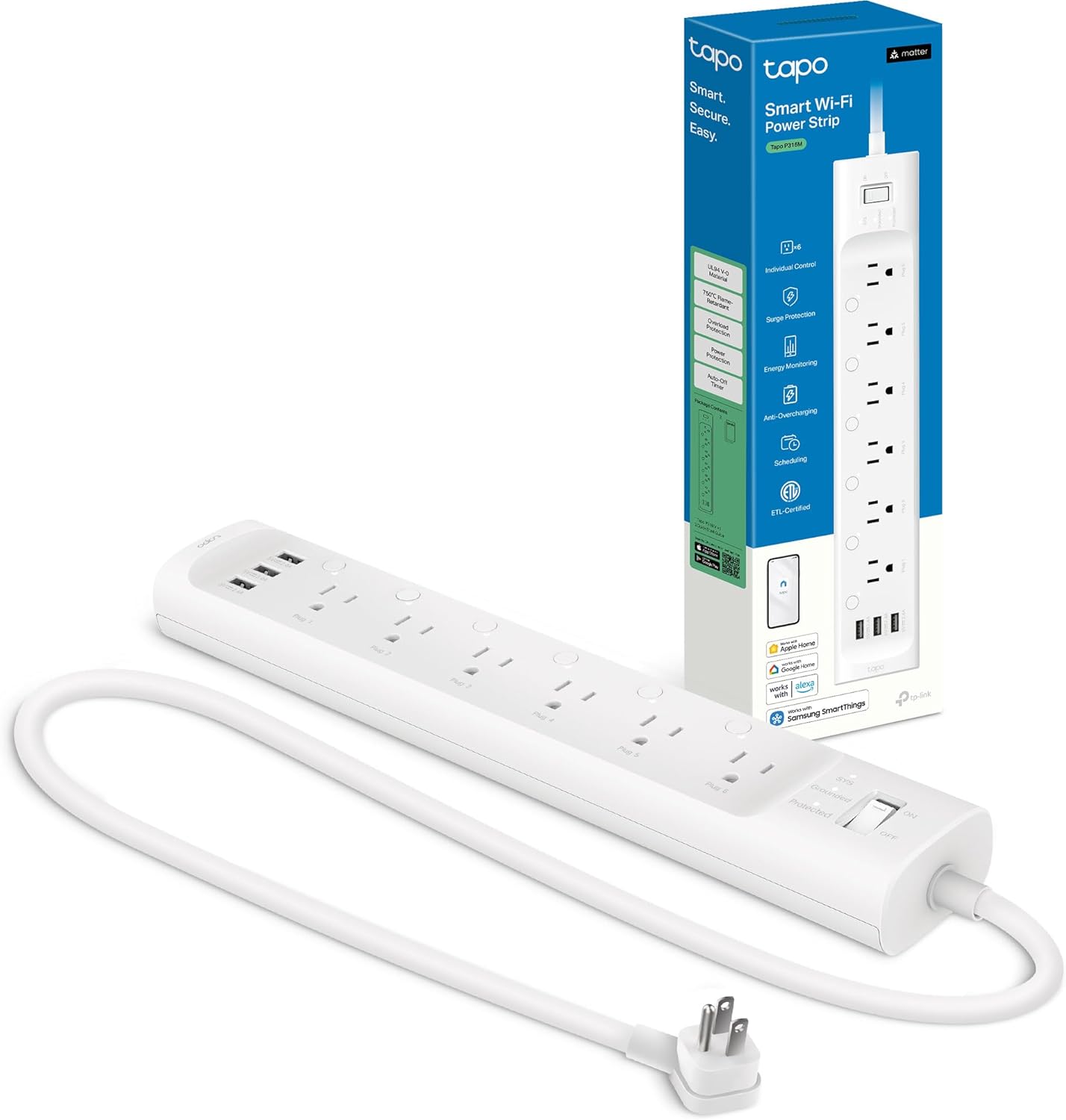Tapo Smart Wi-Fi Power Strip, Matter, P316M, Energy Monitoring | Surge Protection, 6 Individually Controlled Outlets & 3 USB Ports, Works with Alexa, Google Assistant, Siri & Bixby