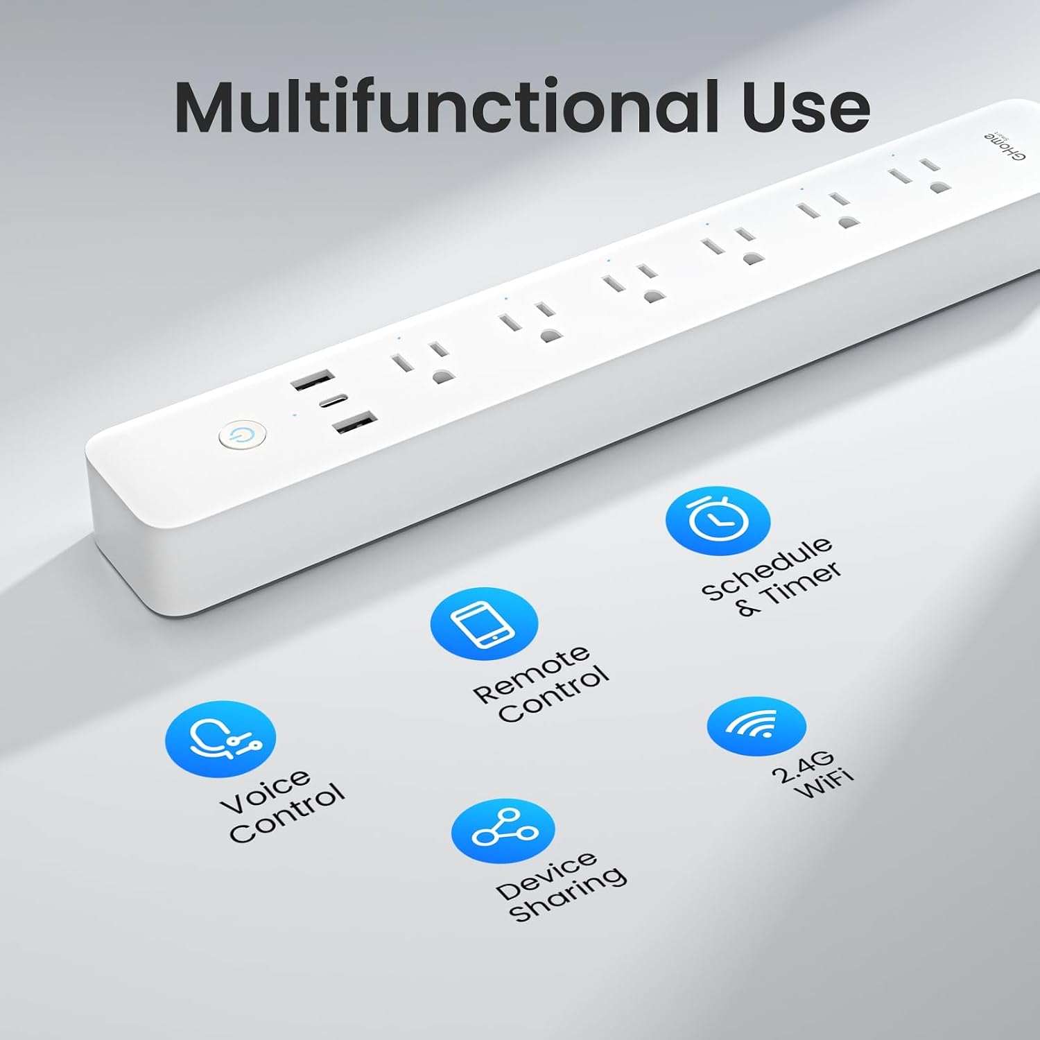GHome Smart Power Strip, WiFi Surge Protector with 6 Individually Controlled Outlets, 3 USB Ports (2 USB-A and 1 USB-C), Compatible with Alexa & Google Home, Flat Plug, for Home Office