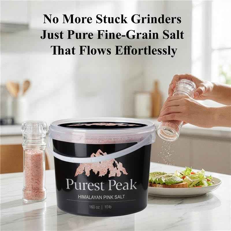 Purest Peak Fine Grain Himalayan Pink Salt, 10 LBS Bucket – Pure Gourmet Food Grade Chef Salt, Fine Grain Sea Salt, Natural Rock Salt, Kosher, Vegan, and Gluten Free