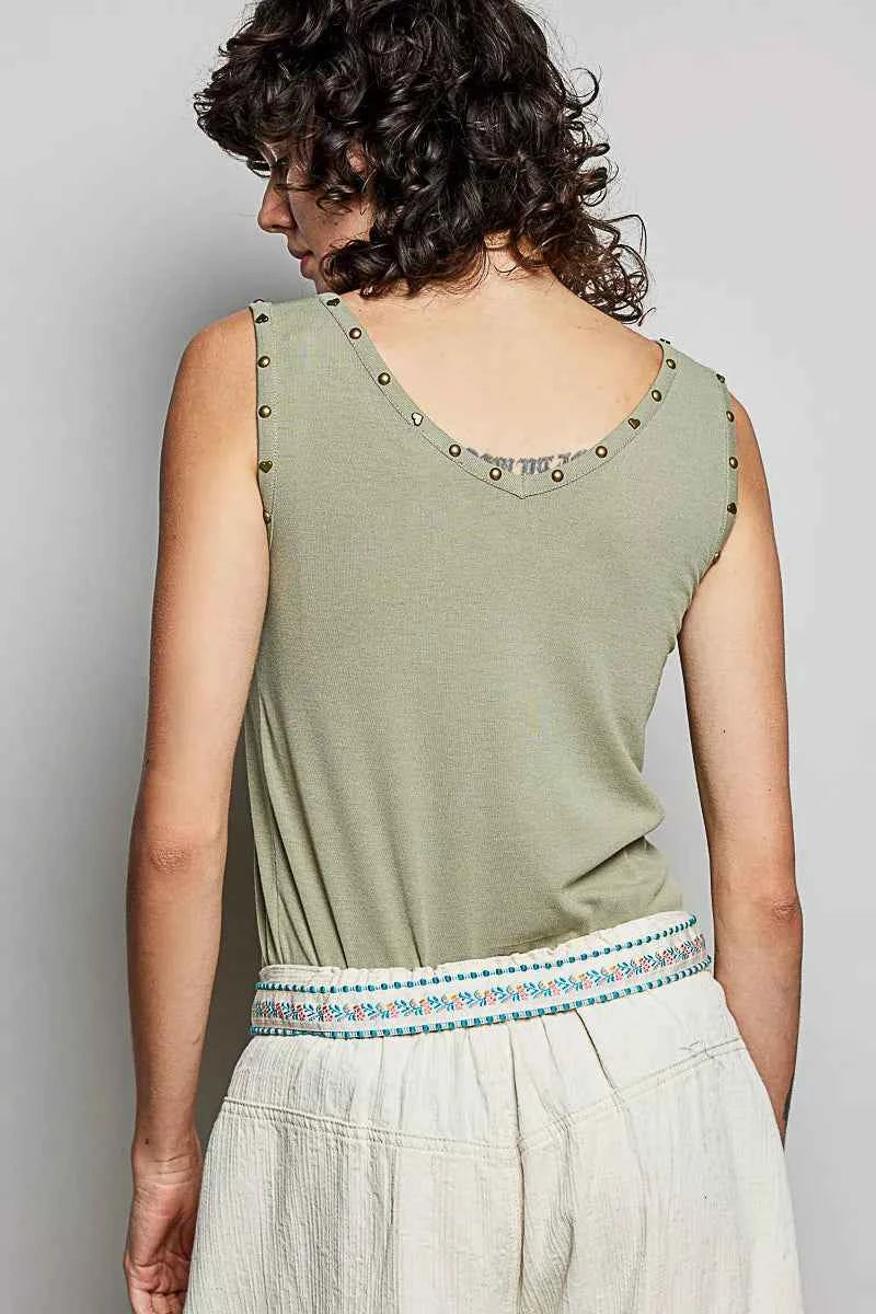 POL Studded Trim Button-Front Ruffle Detail Tank