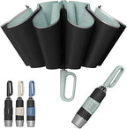 QWB Inverted Umbrella with Carabiner Handle, Compact Wind Proof Umbrellas For Rain and Sun Protection, Portable Reverse Folding Umbrella, Car Umbrella for Women Men, 10 Ribs