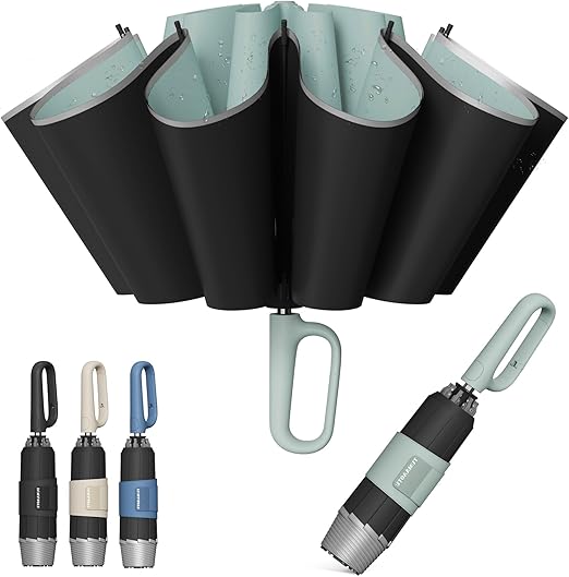 QWB Inverted Umbrella with Carabiner Handle, Compact Wind Proof Umbrellas For Rain and Sun Protection, Portable Reverse Folding Umbrella, Car Umbrella for Women Men, 10 Ribs