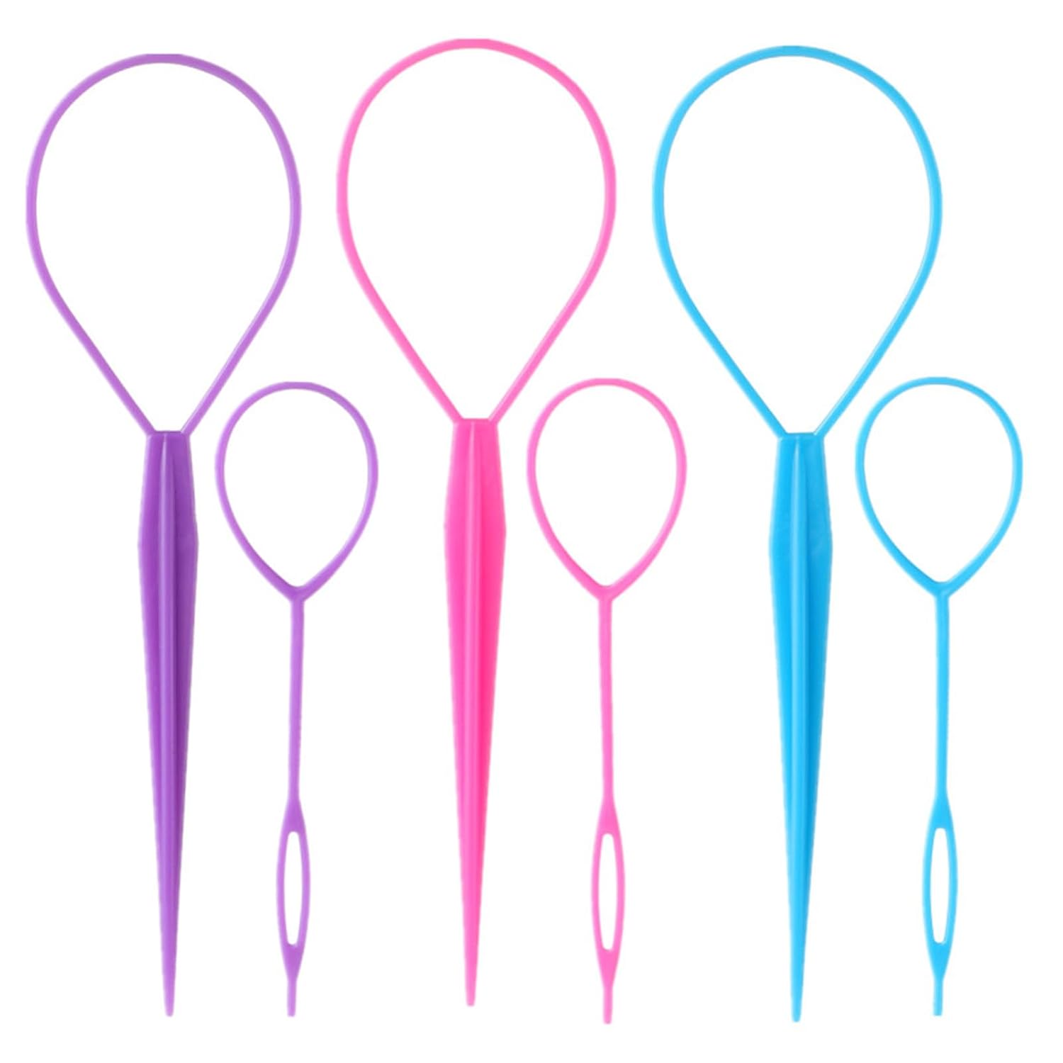 Aigee 6pcs Topsy Tail and Hair Loop Styling Tool Set - Ponytail Makers, French Braid Loops in Large and Small, Hair Pull Through Tools (Pink, Blue, Purple) for Women and Girls